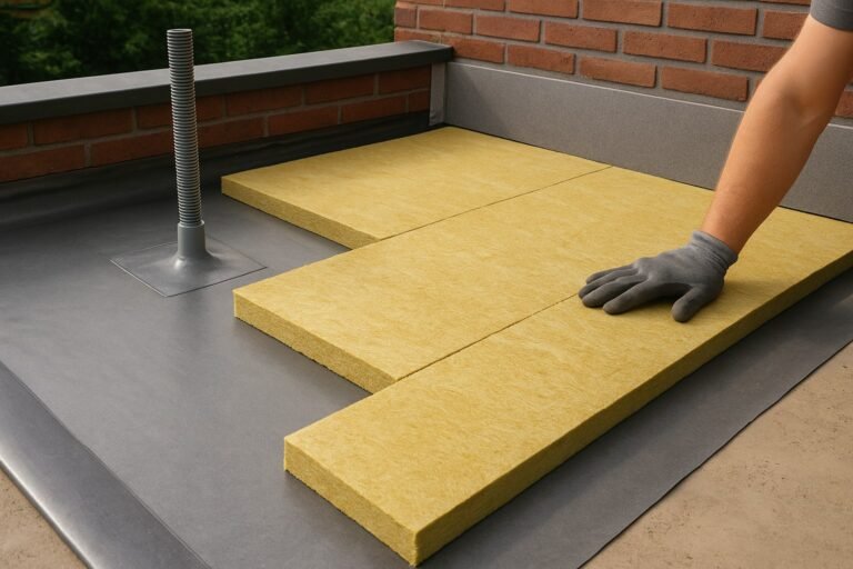 Close-up van plat dak isoleren met isolatieplaten op een waterdichte laag naast een opstand en doorvoer