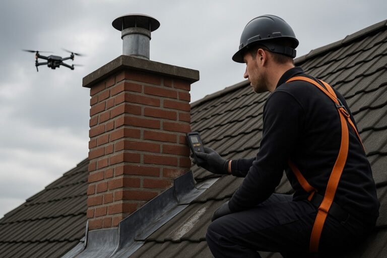 Monteur inspecteert bakstenen schoorsteen met vochtmeter en drone; controle van kroon, loodslab en metselwerk.