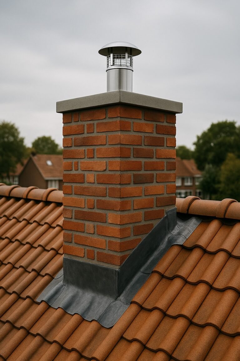 Gerenoveerde bakstenen schoorsteen met RVS-kap en strakke loodslabbe schoorsteen renovatie