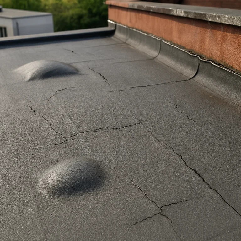 Plat dak met bitumen dakbedekking waarop blaasvorming en scheuren zichtbaar zijn