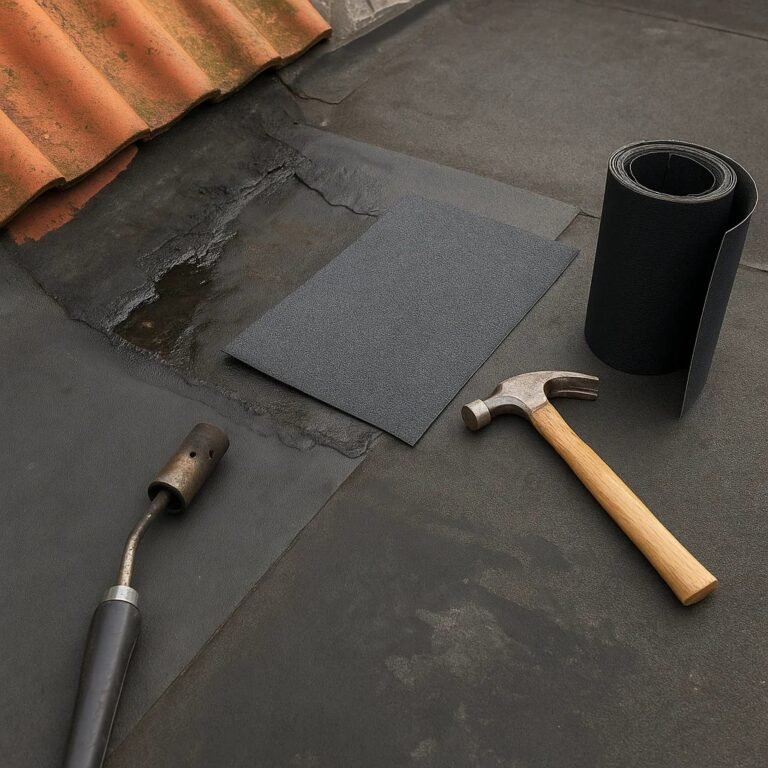Close-up van daklekkage reparatie met nieuwe waterdichte laag en gereedschap op een plat dak