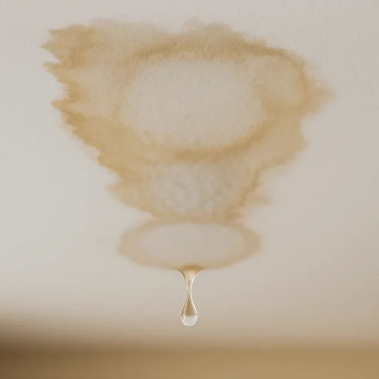 Vochtplek op een wit plafond met bruine kringen en een waterdruppel die naar beneden valt.