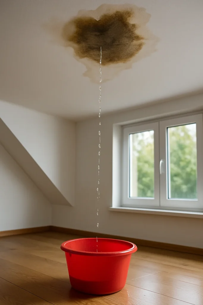Waterlekkage vanuit plafond met donkere vochtplek, druppels vallen in rode emmer.