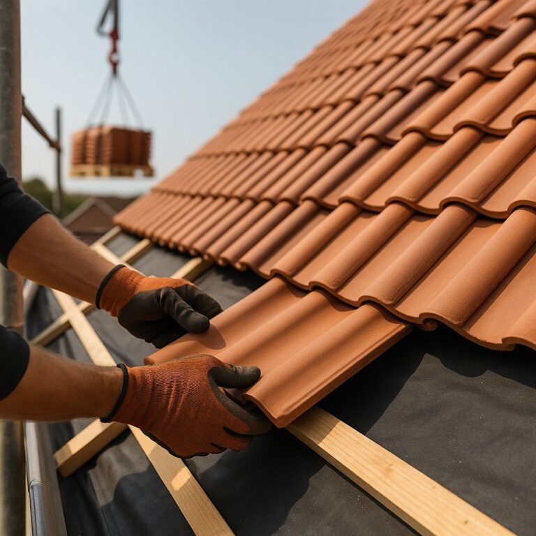 Dakdekker legt terracotta dakpan op panlatten; kraan met pallet op de achtergrond.