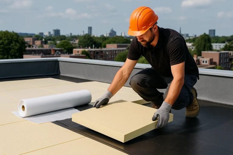 Monteur plaatst isolatieplaten op plat dak bovenop dakbaan warm dakopbouw in daglicht.