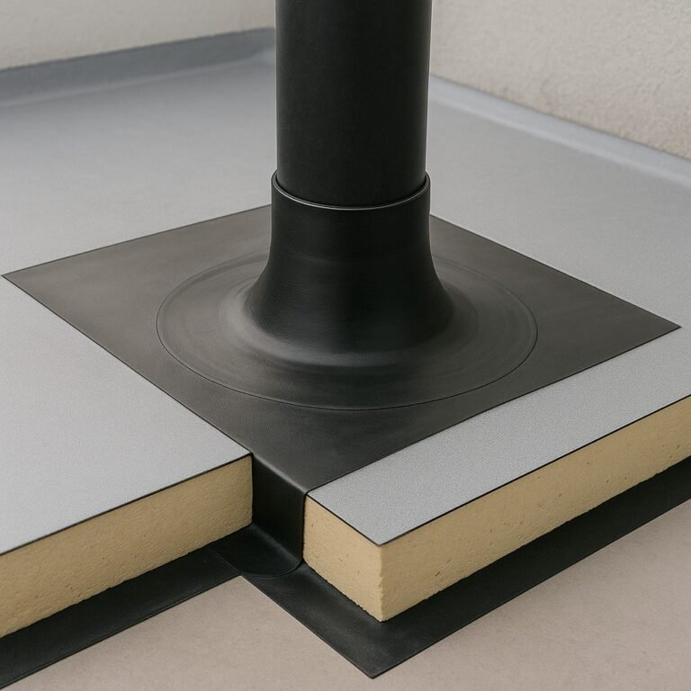 Detail van doorvoer op plat dak: isolatiepakket met dakbaan en prefab manchet rondom pijp.