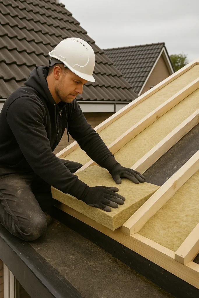 Vakman brengt isolatieplaten aan op een plat dak tijdens zonnige dag professioneel dak isoleren voor energiebesparing en comfort.