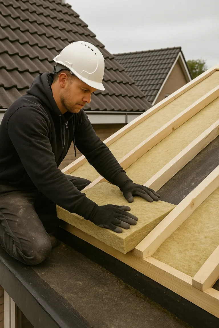Vakman brengt isolatieplaten aan op een plat dak tijdens zonnige dag professioneel dak isoleren voor energiebesparing en comfort.