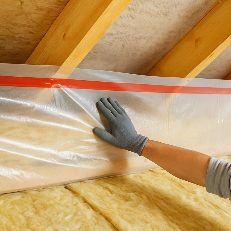 Hand met werkhandschoen brengt een dampscherm aan boven minerale dakisolatie in houten dakconstructie Smitsdakkundigonderhoud.