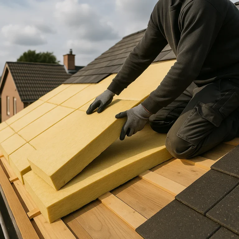 Vakman plaatst isolatieplaten op een schuin dak tijdens dakisolatie in zonnig weer