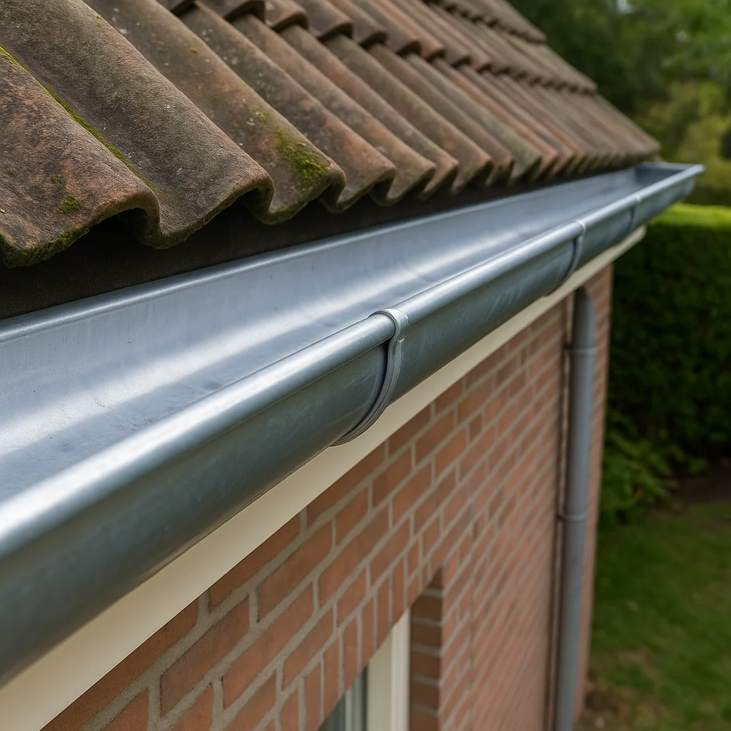 Nieuwe zinken dakgoot gemonteerd onder pannendak.