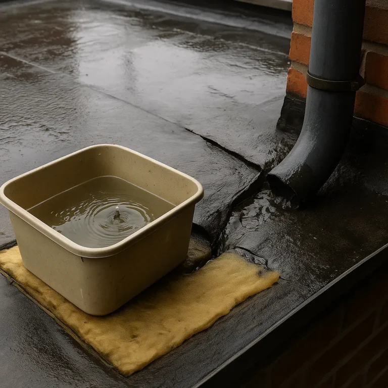 Lekkend plat dak met opvangbak onder regenpijp, waterplassen op dakbedekking voorbeeld van daklekkage voor reparatie door