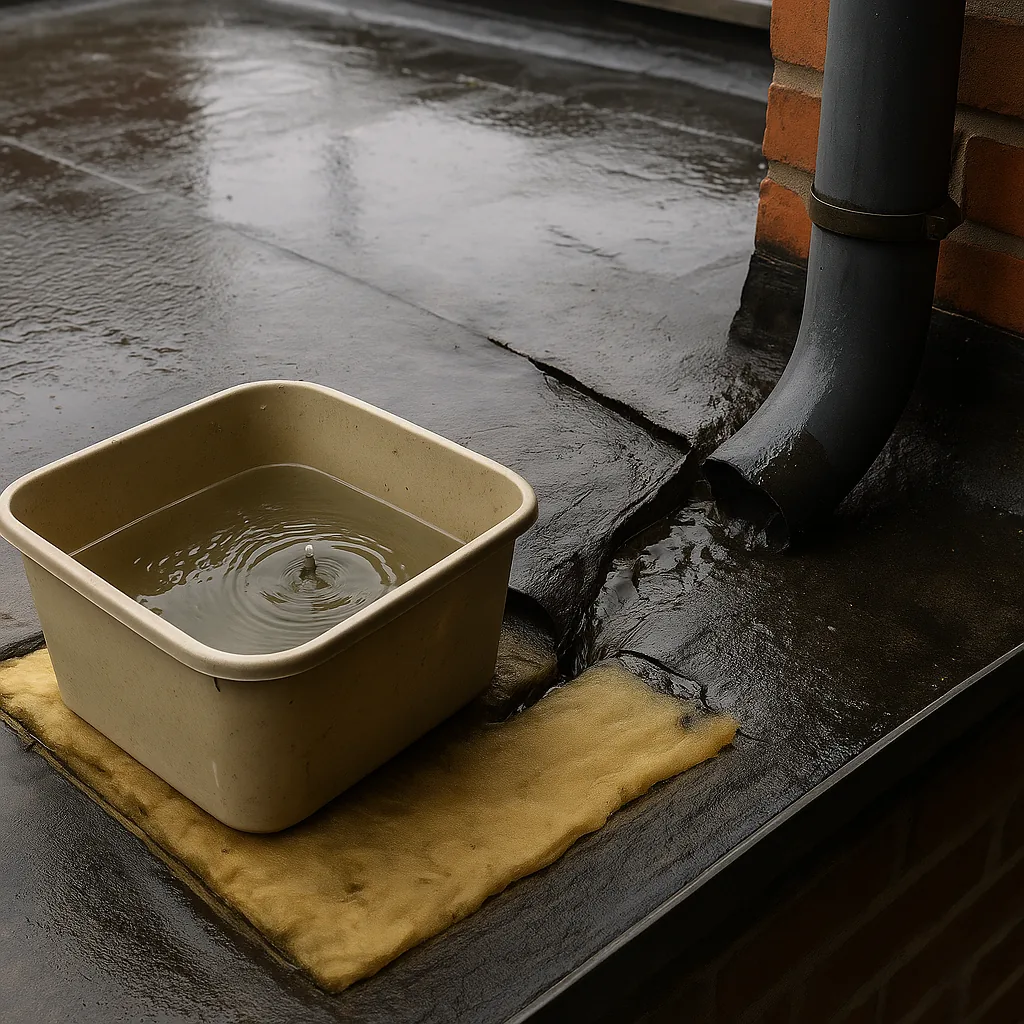 Lekkend plat dak met opvangbak onder regenpijp, waterplassen op dakbedekking voorbeeld van daklekkage voor reparatie door