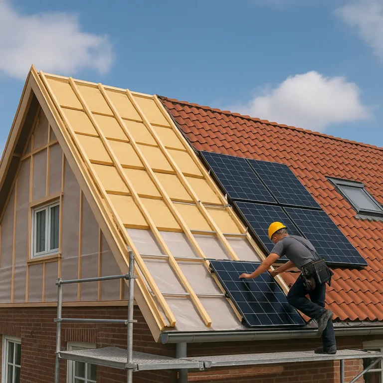 Dakrenovatie met montage van zonnepanelen op geïsoleerd pannendak met sarking en latten; monteur op steiger onder blauwe lucht.