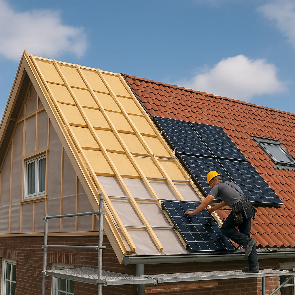 Dakrenovatie met montage van zonnepanelen op geïsoleerd pannendak met sarking en latten; monteur op steiger onder blauwe lucht.