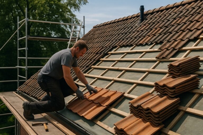 Dakdekker plaatst nieuwe dakpannen tijdens dakrenovatie op hellend dak onder zonnige lucht