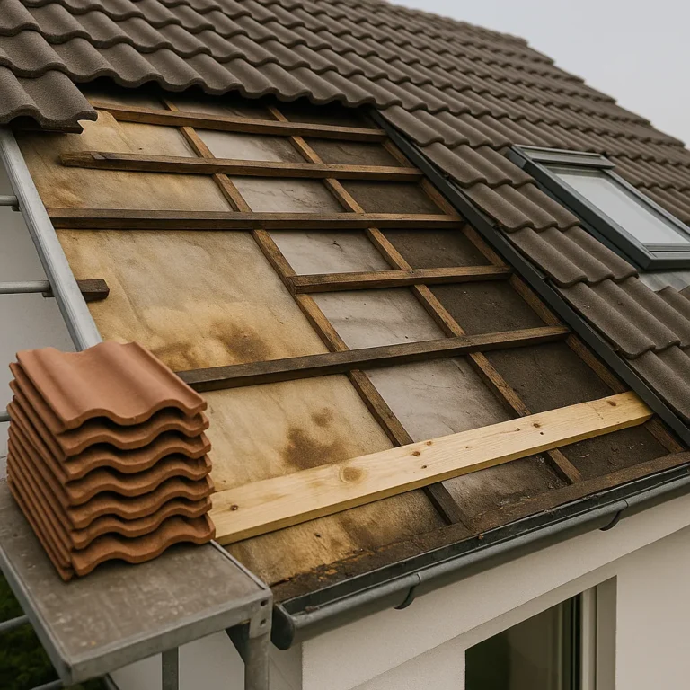 Dakrenovatie: dakpannen verwijderd, zichtbare panlatten en underlayment naast dakraam