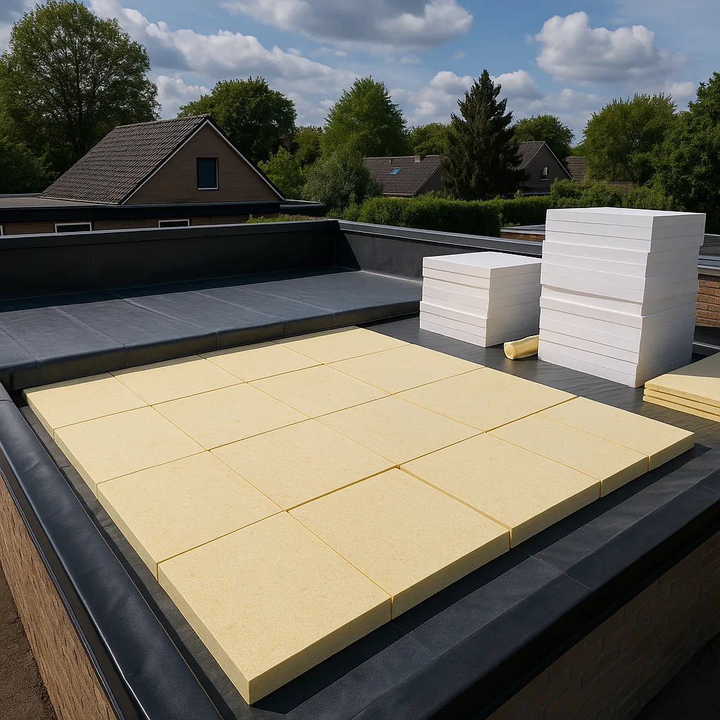 Plat dak in aanleg met gele en witte isolatieplaten (PIR en EPS) onder heldere lucht, voorbereid op dakbedekking isoleren van platte daken.