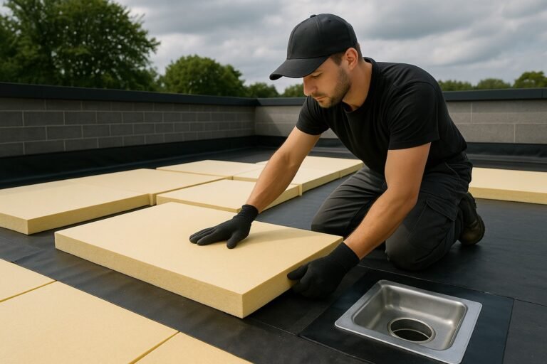 Vakman plaatst isolatieplaten op plat dak met zwarte dakbaan en afvoer in beeld