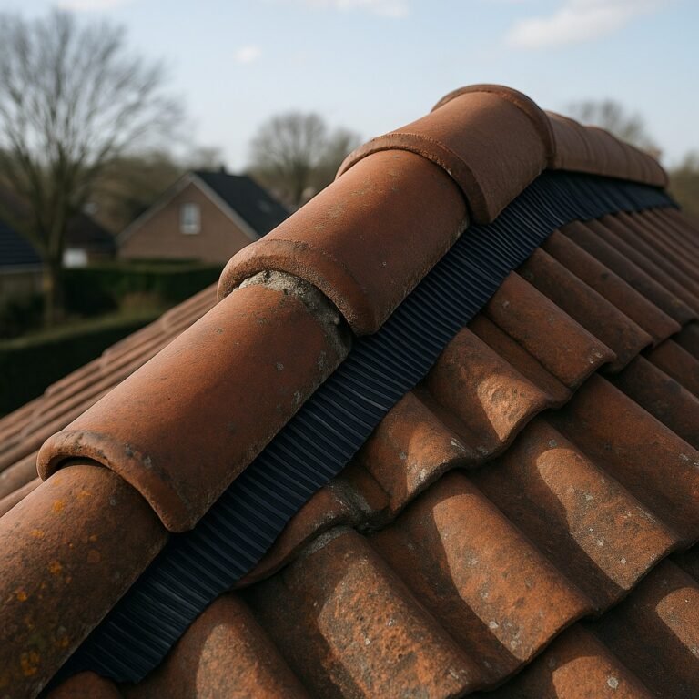 Close-up van een pannendak met vastgezette nokvorsten en zwarte ventilerende nokband bij helder weer.