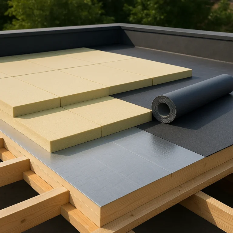 Opbouw van dakisolatie op een plat dak met isolatieplaten en dakbedekking, klaar voor montage