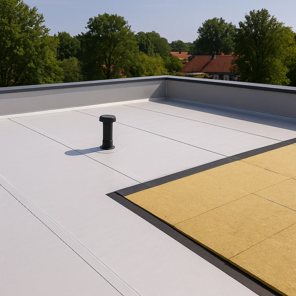 Plat dak met isolatieplaten en witte dakbedekking, zichtbaar afschot en ontluchting onder blauwe lucht