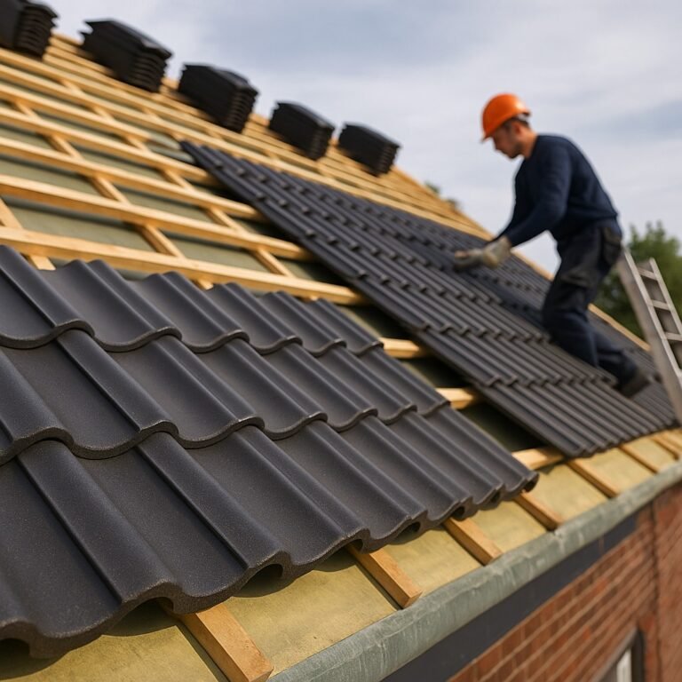 Dakdekker plaatst nieuwe donkere dakpannen op een houten dakconstructie tijdens renovatie.