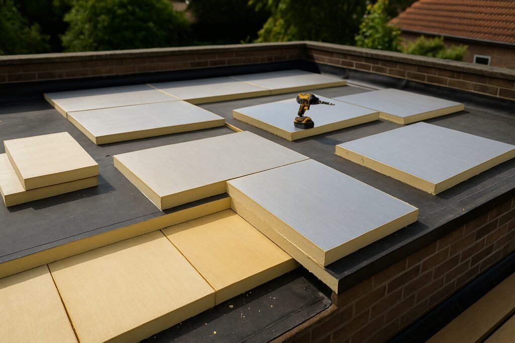 Zolder met dakisolatie van glaswol onder houten spanten en een dakraam.