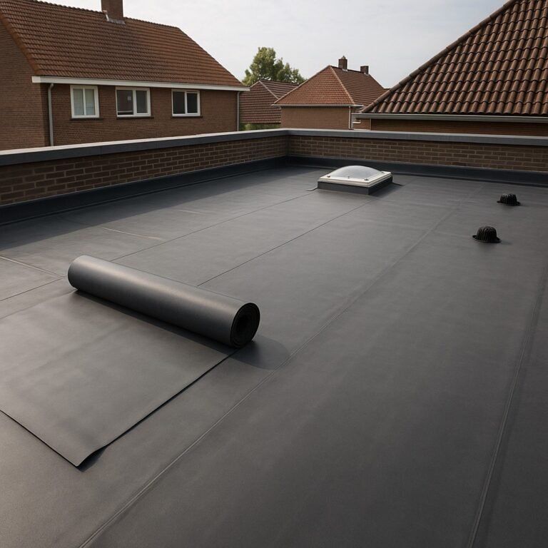 Plat dak met nieuwe dakbedekking en lichtkoepel, klaar voor inspectie en onderhoud.