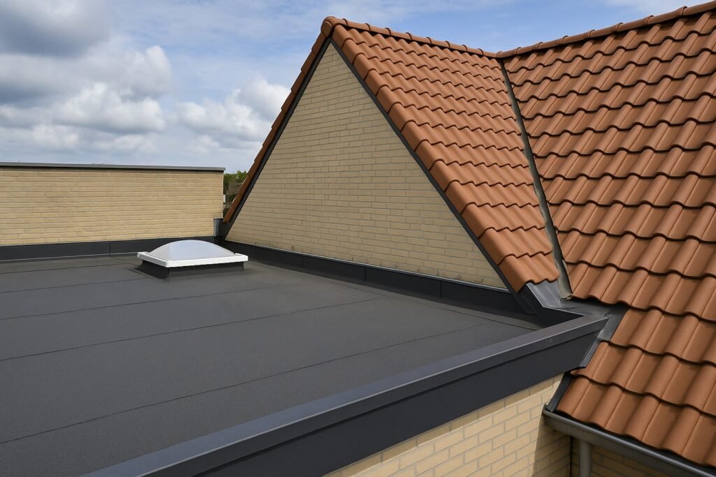 Alt-tekst (alt): Combinatie van plat bitumendak en hellend pannendak bij moderne woning in Almere