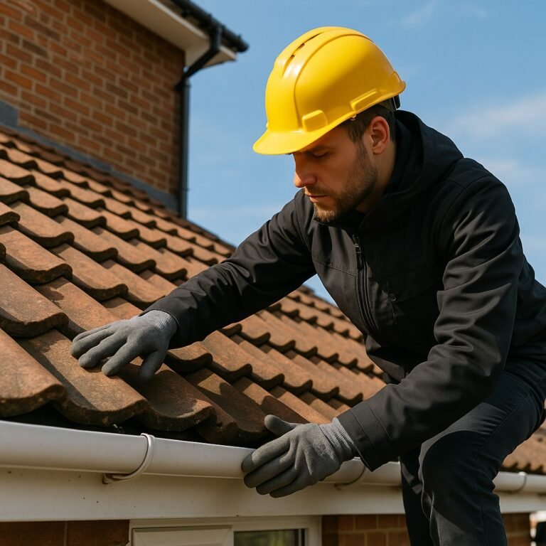 Dakdekker met gele helm controleert dakgoot op pannendak bij woning