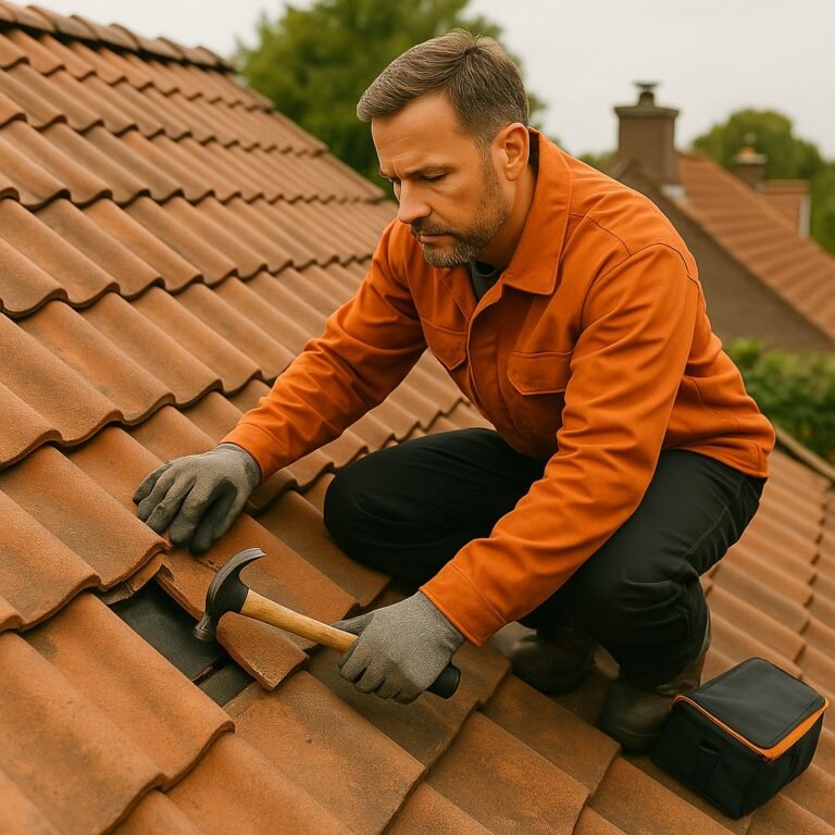 Dakdekker repareert beschadigde dakpannen met een hamer tijdens onderhoud op een woningdak