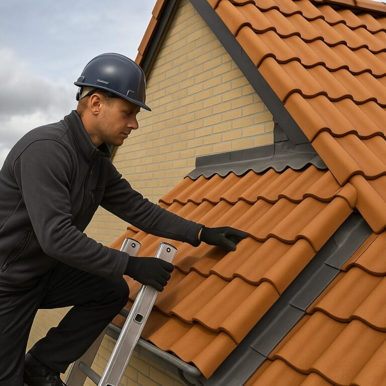 Dakdekker controleert rood pannendak van woning met ladder in Amersfoort
