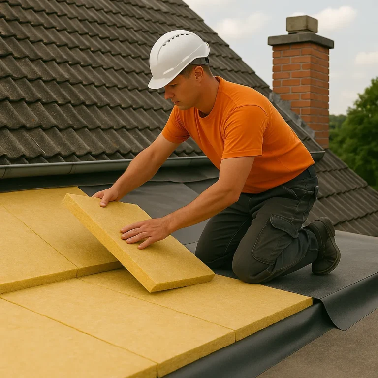 Dakdekker plaatst isolatieplaten op een schuin dak voor betere dakisolatie.