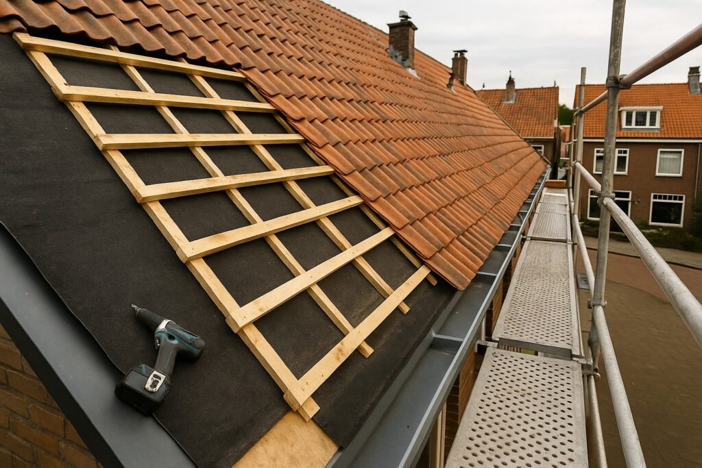 Dakrenovatie met nieuwe panlatten op dakbeschot en accuboormachine op het dak naast bestaande dakpannen.