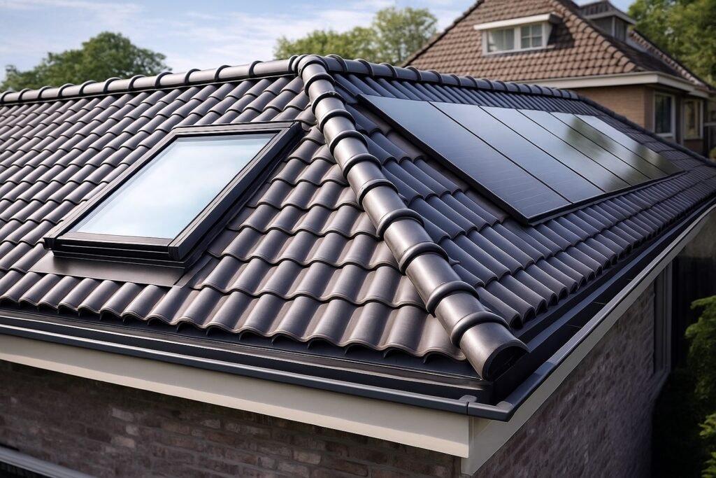 Hellend dak met donkere dakpannen, dakraam en geïntegreerde zonnepanelen.