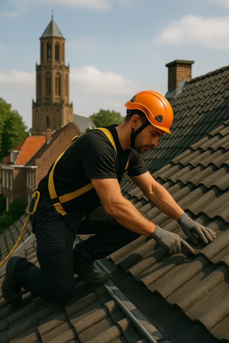Dakdekker werkt op een pannendak in Nijmegen met kerktoren op achtergrond