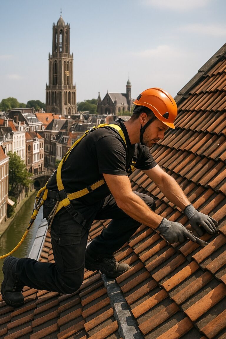 Dakdekker Utrecht aan het werk op een pannendak met de Domtoren op de achtergrond