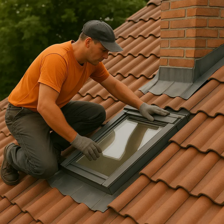 Dakdekker inspecteert een dakraam en aansluitingen op een schuin pannendak.