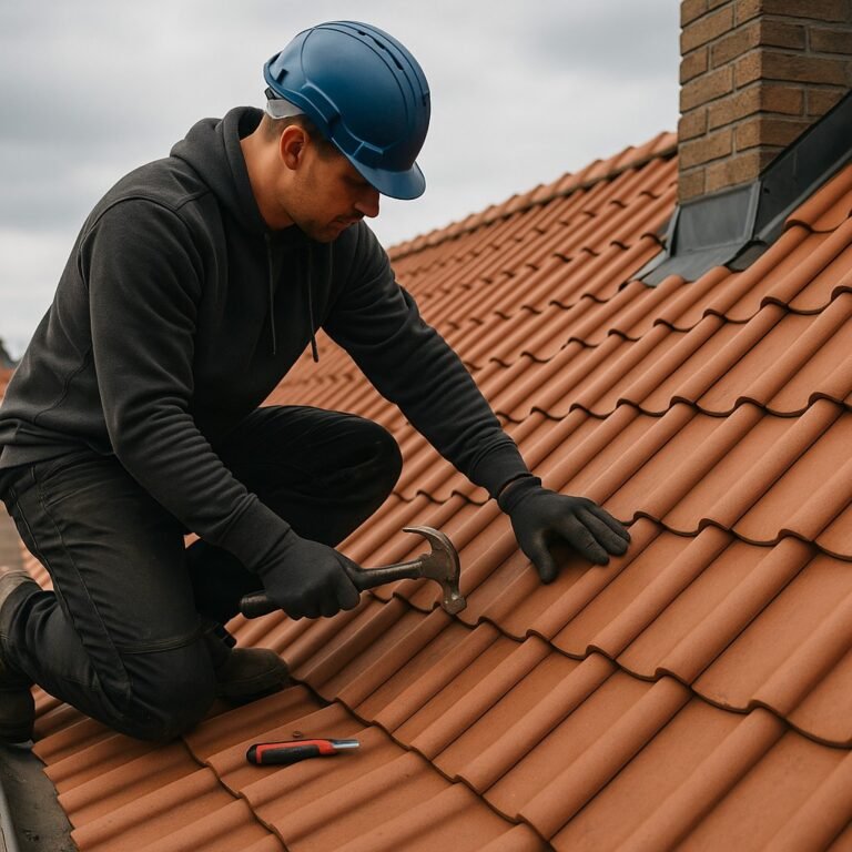 Dakdekker repareert dakpannen met hamer op een rood pannendak tijdens onderhoud.