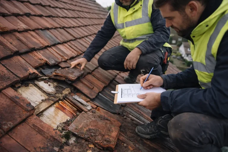Dakdekker inspecteert beschadigde dakpannen en noteert herstelplan op het dak