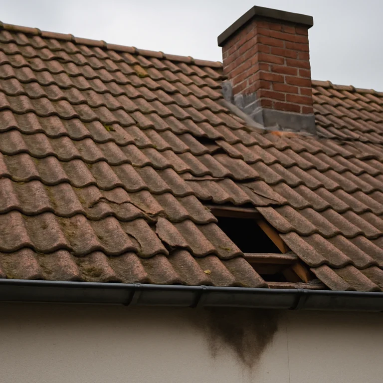 Verweerd pannendak met mos, verschoven en gebroken dakpannen en zichtbare open plek rond de schoorsteen, passend bij dakinspectie en slijtage.