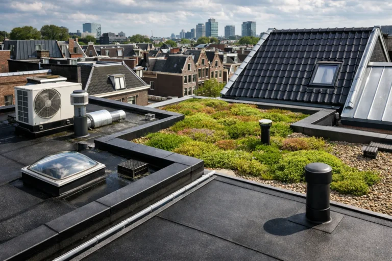 Dakdekker inspecteert plat dak in Amsterdam met sedum groendak, dakdoorvoeren en stadsbebouwing op de achtergrond