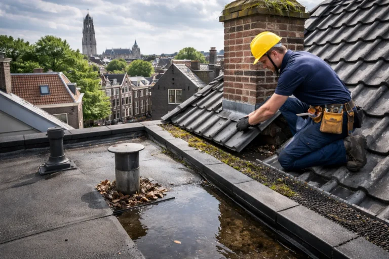 Dakdekker in Utrecht inspecteert dakpannen en schoorsteenaansluiting om verborgen schade en lekkage te vinden
