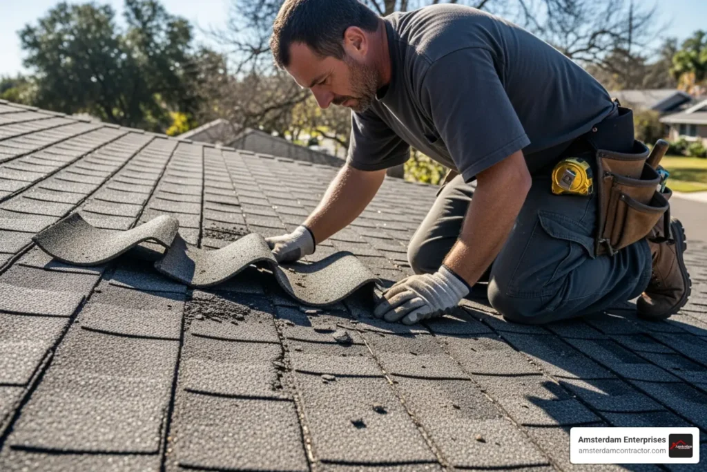 Dakdekker controleert beschadigde shingles op het dak tijdens onderhoudswerkzaamheden.