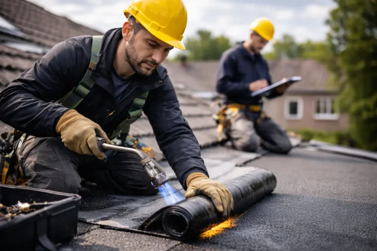 Dakdekkers werken veilig op dak met bitumen en inspectie op locatie