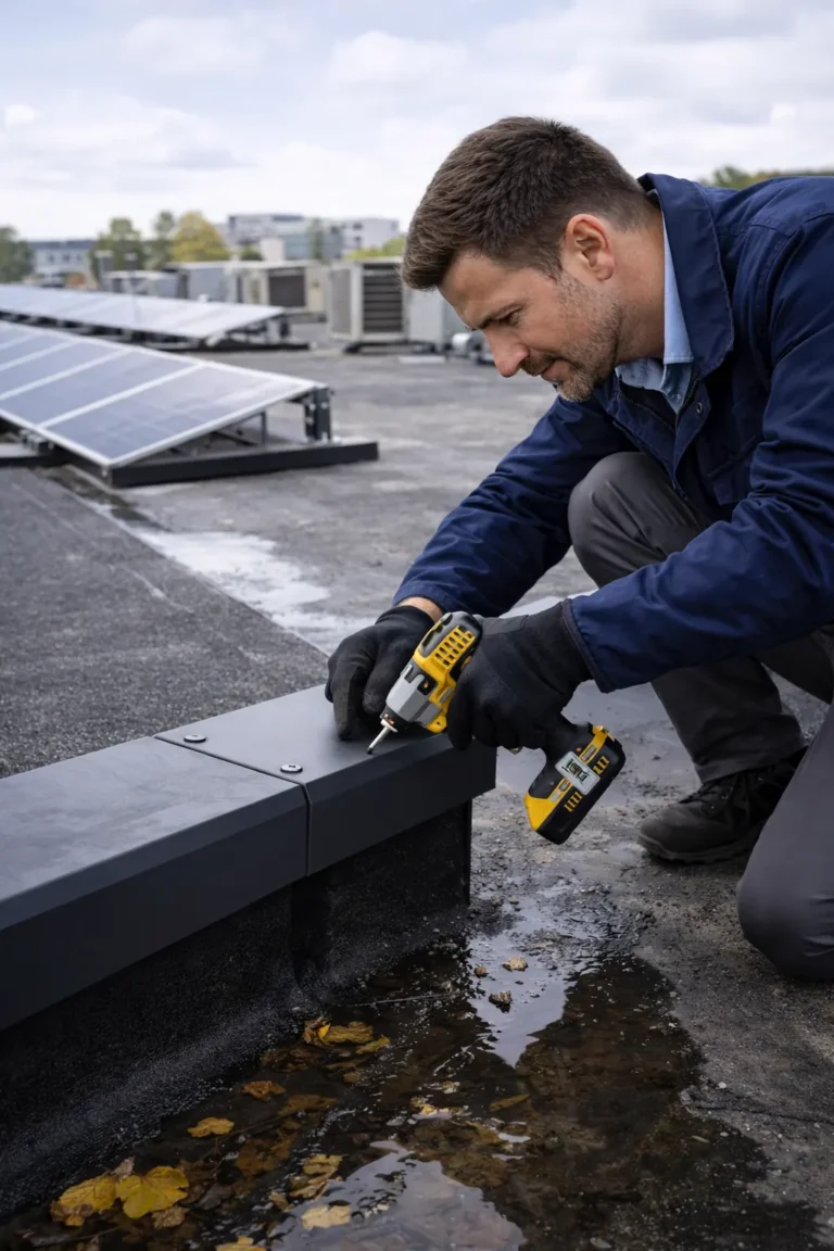 Dakdekker bevestigt moderne dakrand met duurzame daktechniek op plat dak