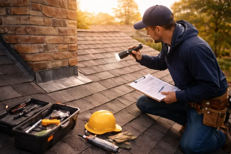 Dakdekker inspecteert dak en schoorsteen aansluiting tijdens onderhoudscontrole