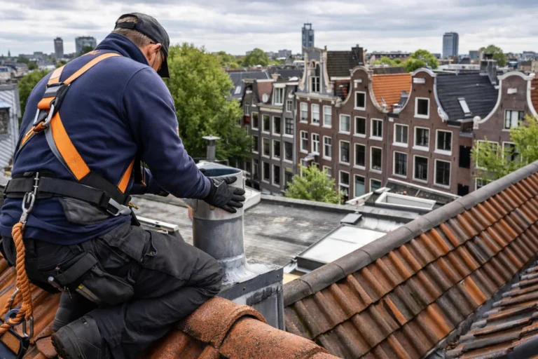 Dakdekker Amsterdam controleert schoorsteen en aansluitingen op een pannendak
