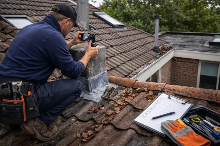 Dakdekker Haarlem inspecteert schoorsteen en dakdetails op een ouder dak